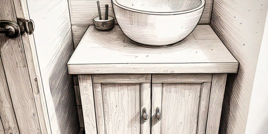 small vanity in a bathroom corner with a vessel sink on it