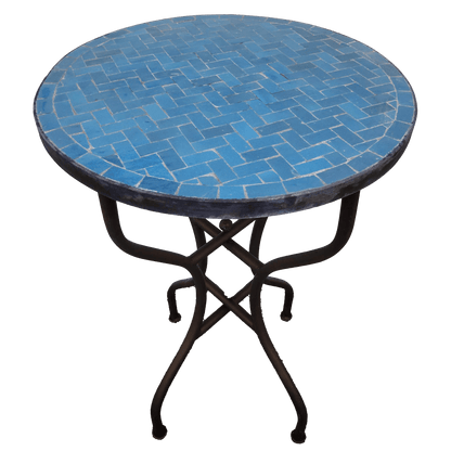 mosaic patio table made of cobalt blue zellige tiles and featuring herringbone pattern and black wrought iron base
