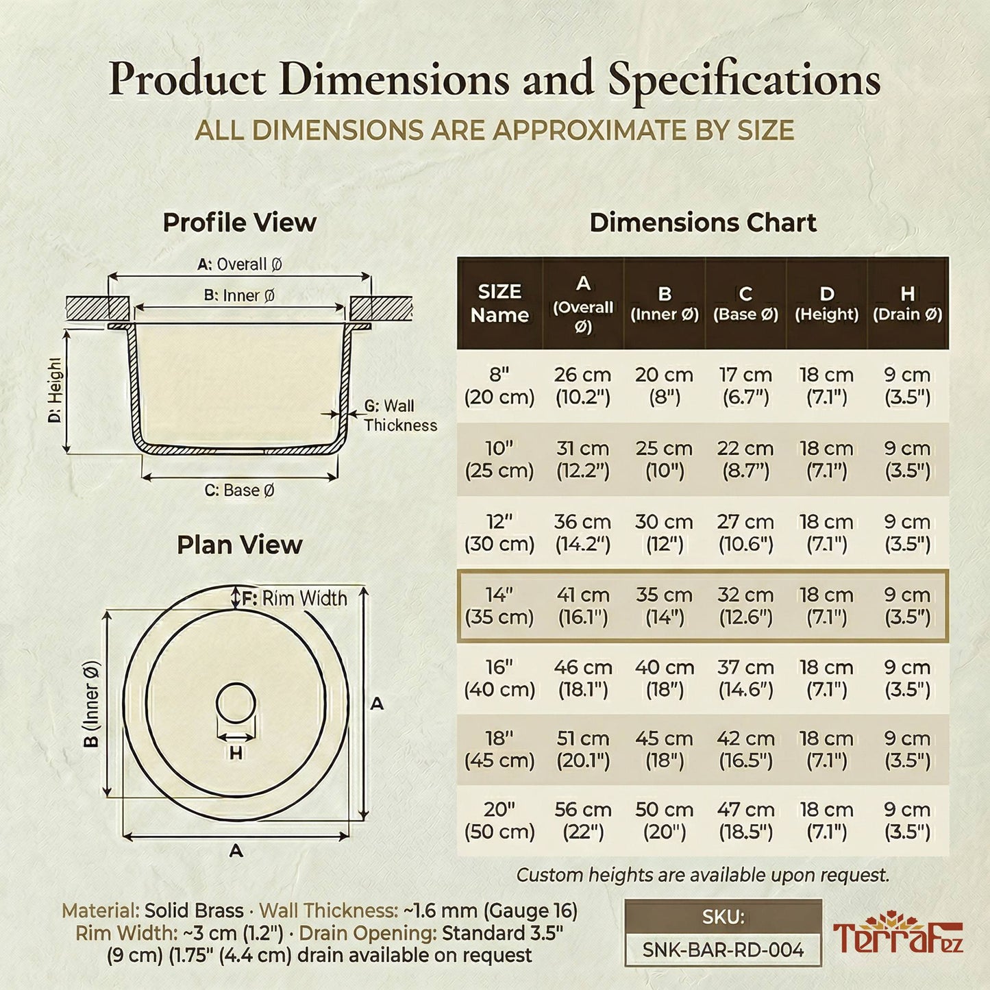 Round brass bar sink dimensions chart with profile and plan view diagrams showing specifications for all 7 sizes from 8 inch to 20 inch including overall diameter, inner diameter, base, height, and drain size