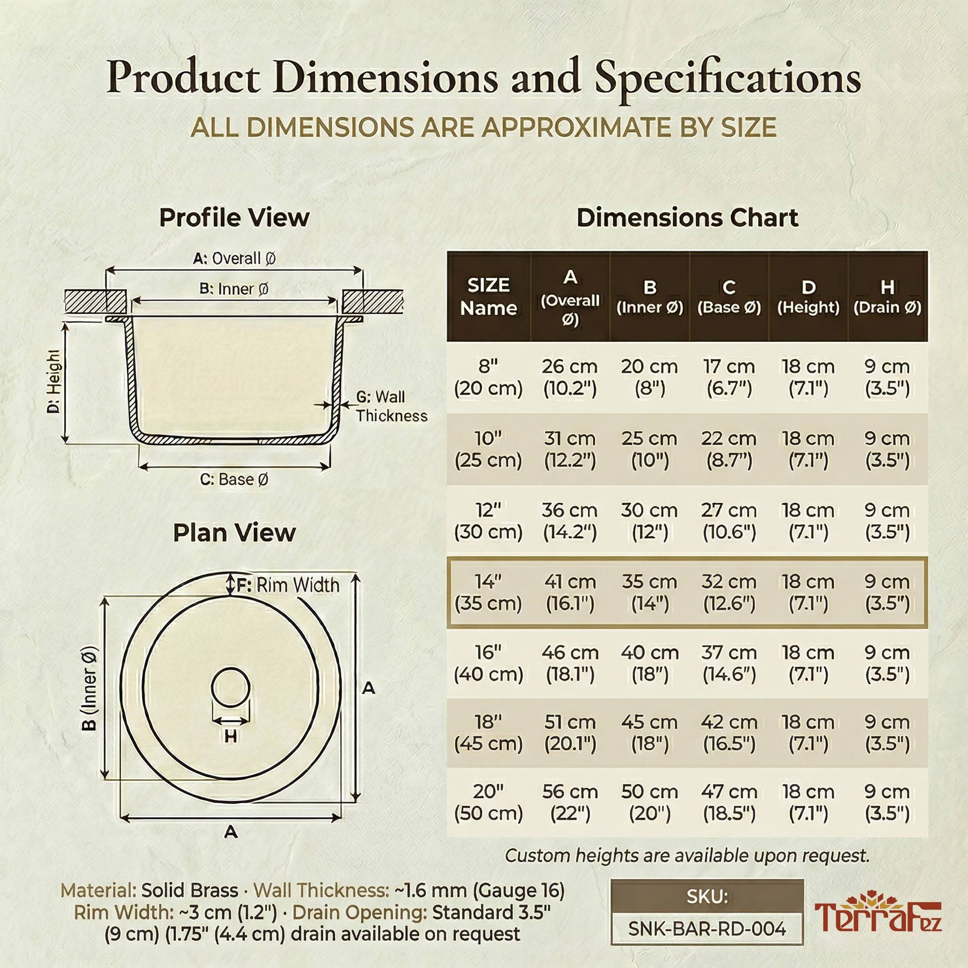 Round brass bar sink dimensions chart with profile and plan view diagrams showing specifications for all 7 sizes from 8 inch to 20 inch including overall diameter, inner diameter, base, height, and drain size