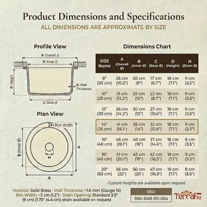 Round brass bar sink dimensions chart with profile and plan view diagrams showing specifications for all 7 sizes from 8 inch to 20 inch including overall diameter, inner diameter, base, height, and drain size