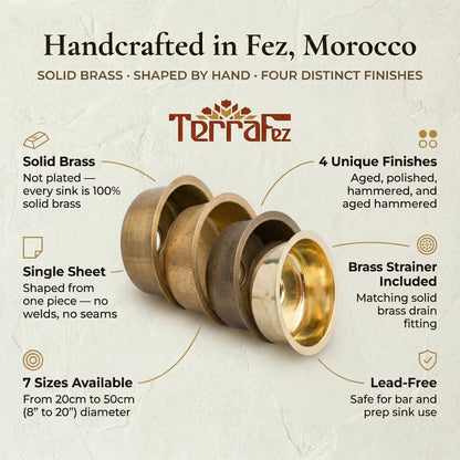 TerraFez handcrafted brass bar sink features infographic: solid brass, single sheet construction, 4 finishes, 7 sizes from 8 to 20 inches, lead-free, and brass strainer included