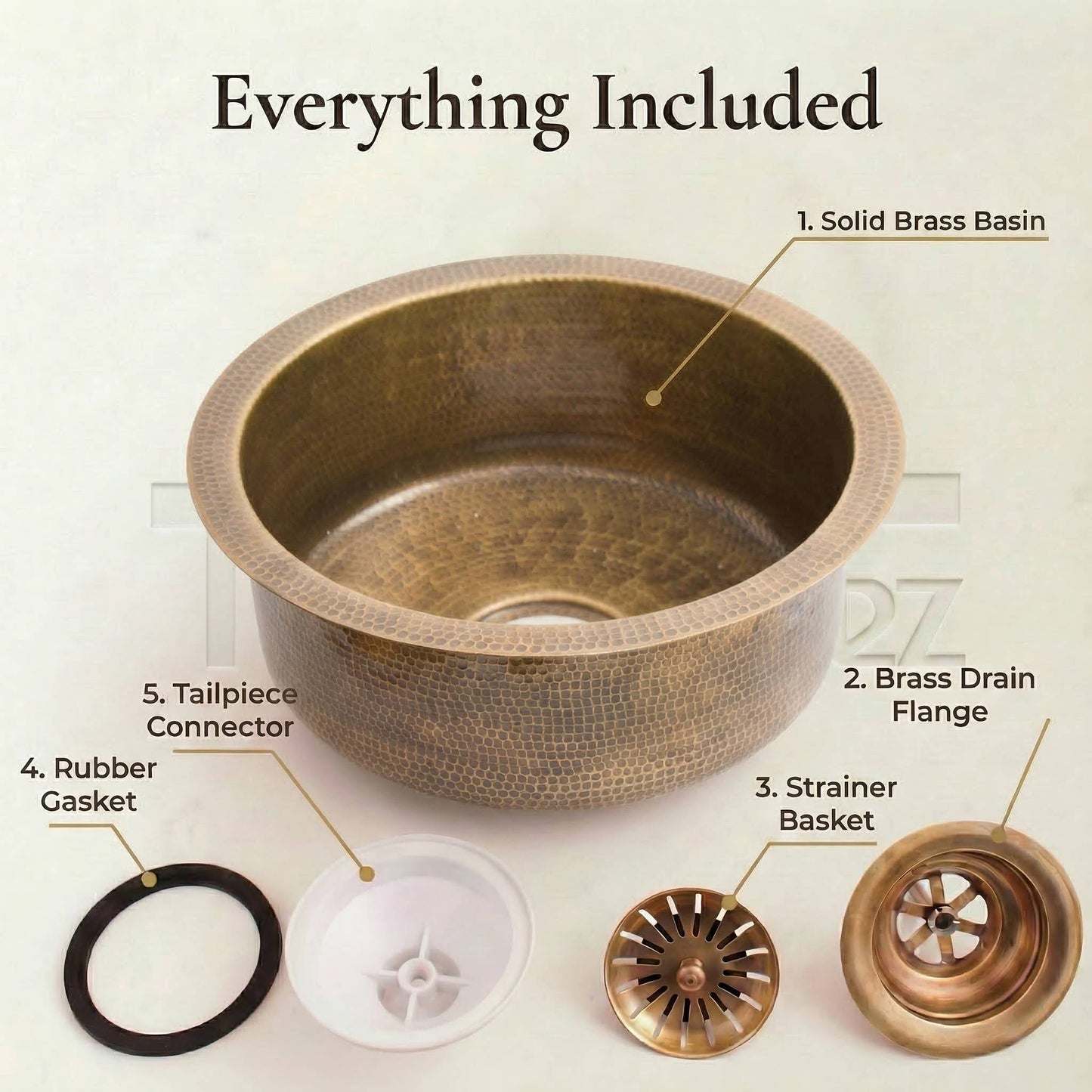 Brass bar sink with everything included: solid brass basin, brass drain flange, strainer basket, rubber gasket, and tailpiece connector for complete drain assembly