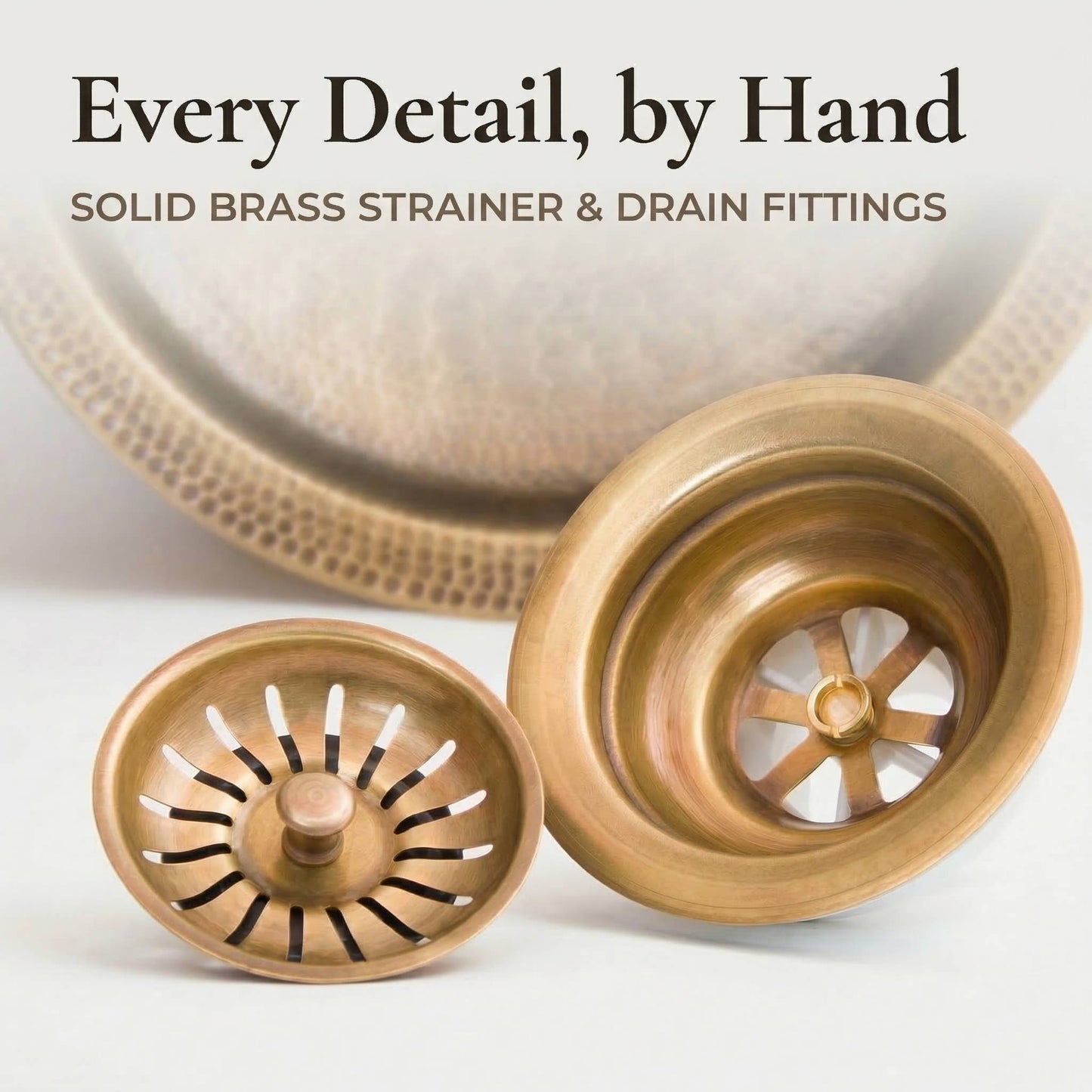 Close-up of handmade solid brass strainer basket and drain fitting included with brass bar sink, showing detailed craftsmanship and aged patina finish