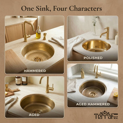 Four round undermount brass bar sinks installed in countertops showing hammered, polished, aged, and aged hammered finishes with matching brass faucets by TerraFez