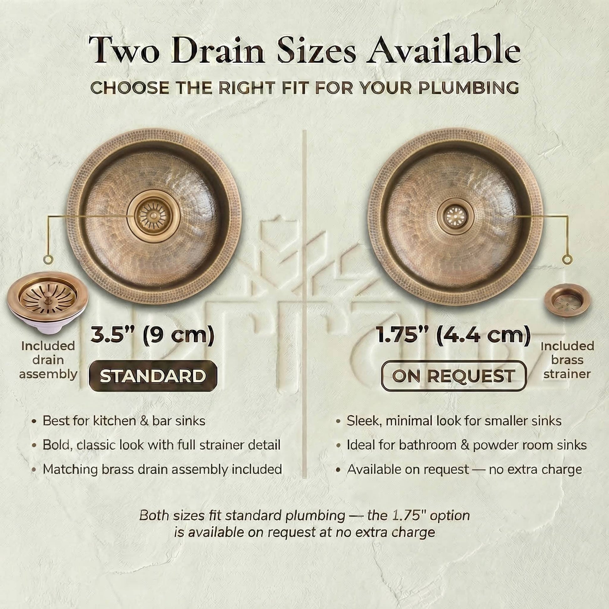Brass prep sink drain size comparison showing standard 3.5 inch drain for kitchen and bar use and 1.75 inch drain option for bathroom and powder room sinks, both with included brass fittings