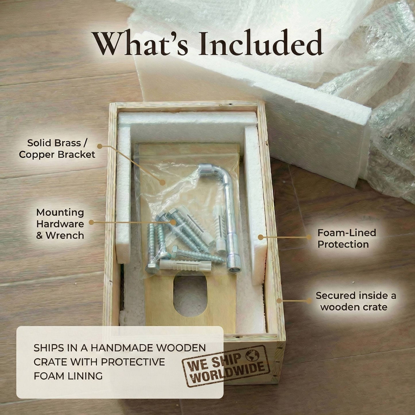 Sink support bracket package contents including solid brass bracket, mounting hardware, wrench, and foam-lined wooden crate