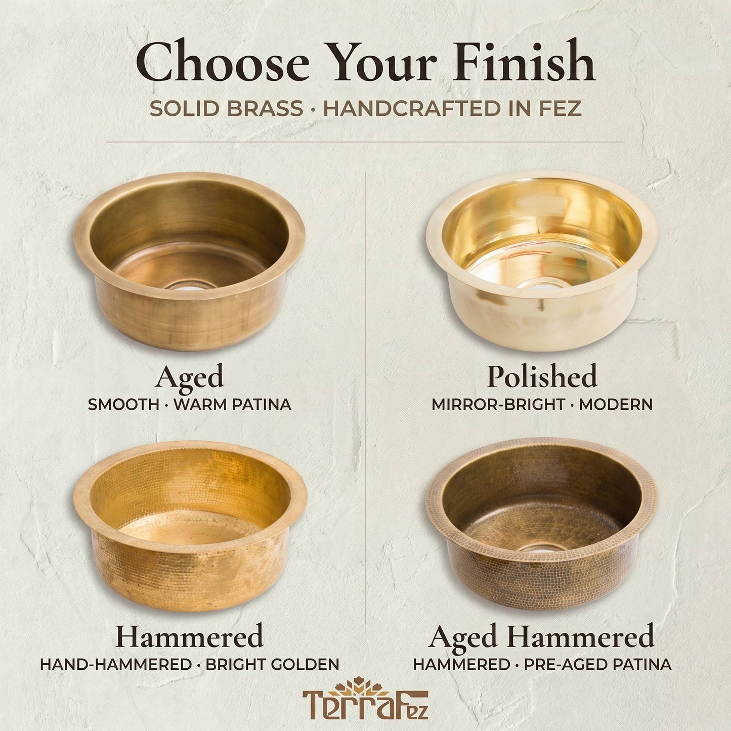 Four solid brass round bar sink finishes handcrafted in Fez: aged smooth patina, polished mirror-bright, hammered bright golden, and aged hammered with pre-aged patina by TerraFez