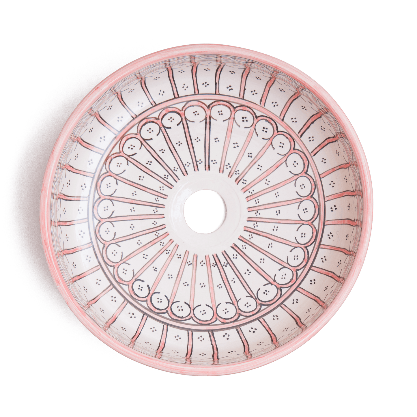 Overhead view of Moroccan round ceramic basin displaying full radial arch pattern with central drain opening and geometric border