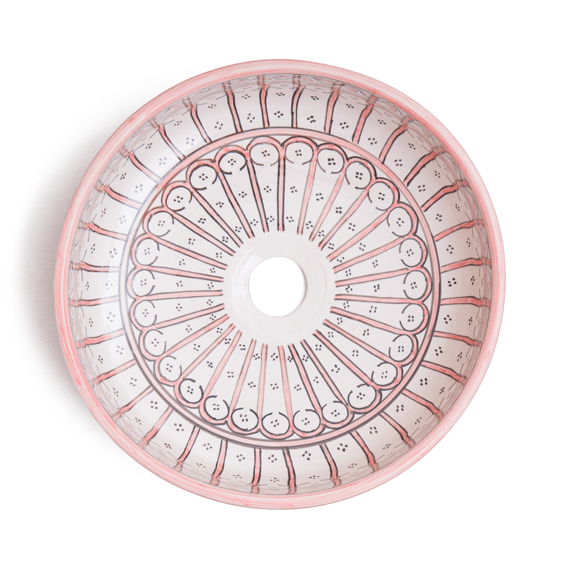 Overhead view of Moroccan round ceramic basin displaying full radial arch pattern with central drain opening and geometric border