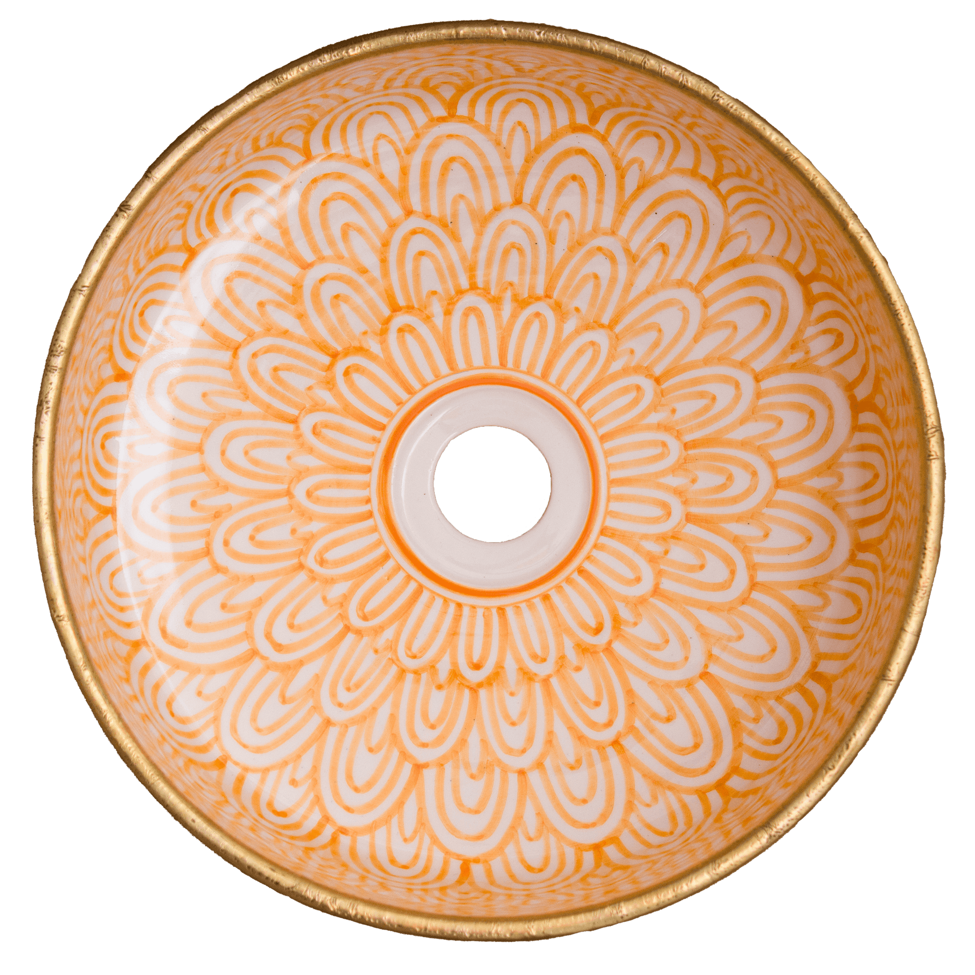 Overhead view of Moroccan ceramic basin displaying full radial geometric pattern with central drain opening