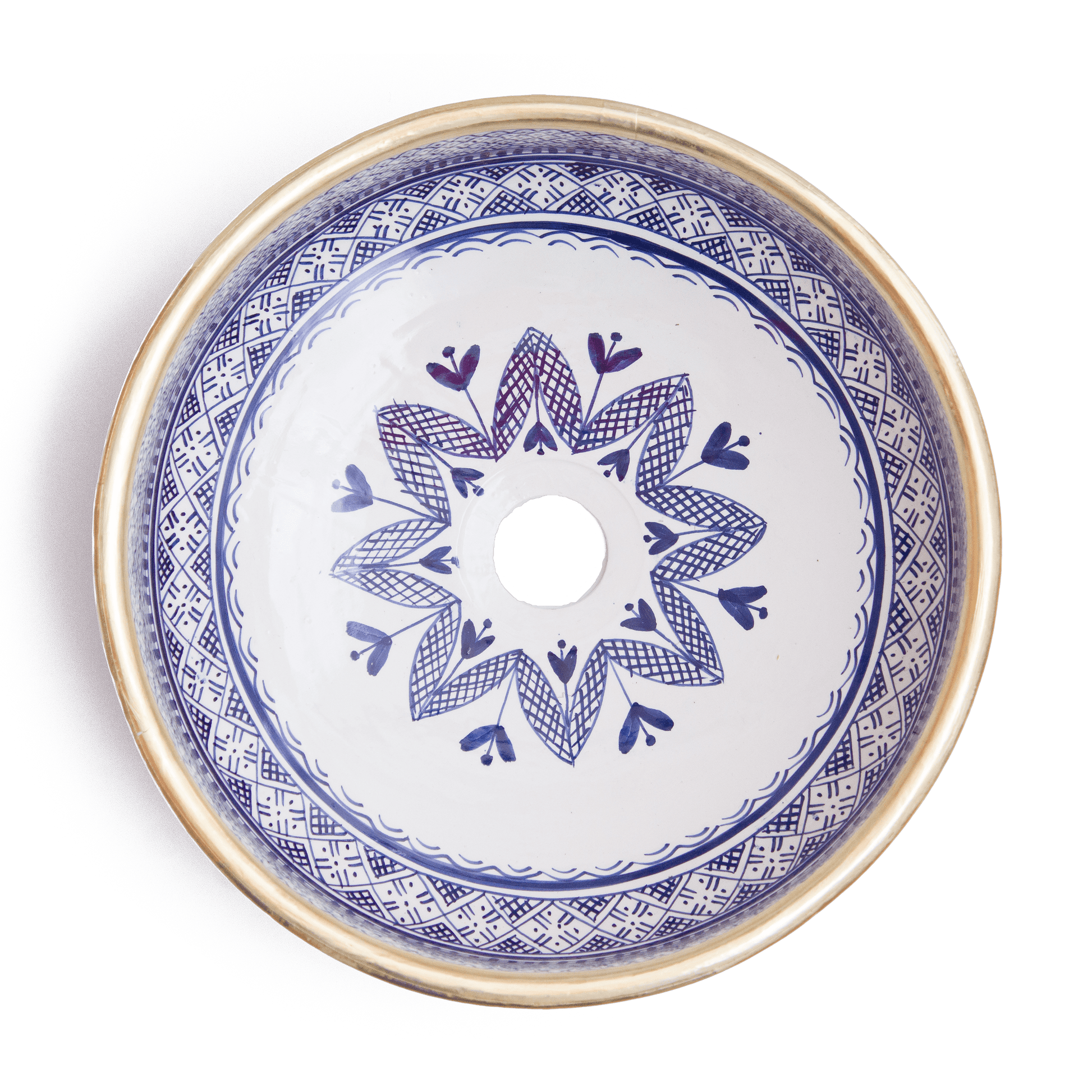 Overhead view of Moroccan round ceramic basin displaying full interior floral pattern with central drain opening