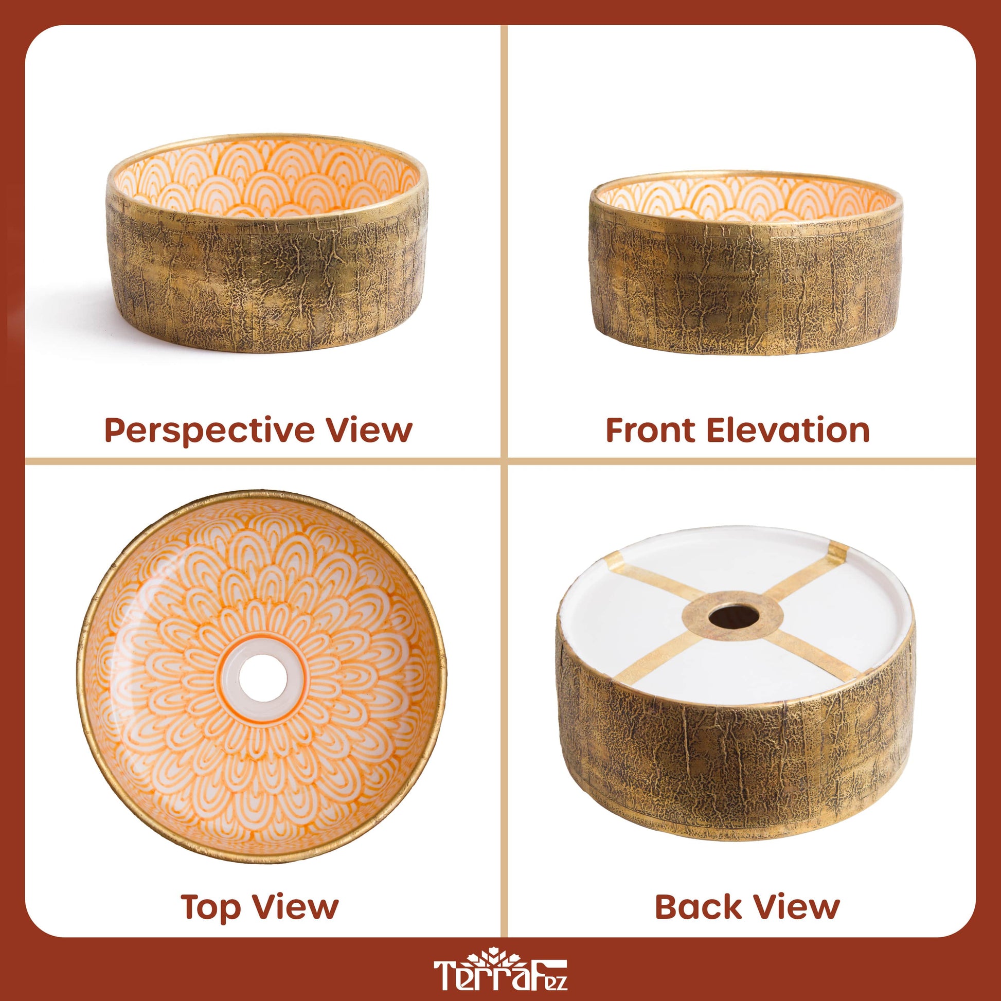 Comprehensive four-panel product photography showing perspective, front elevation, top view, and back view of ceramic vessel sink