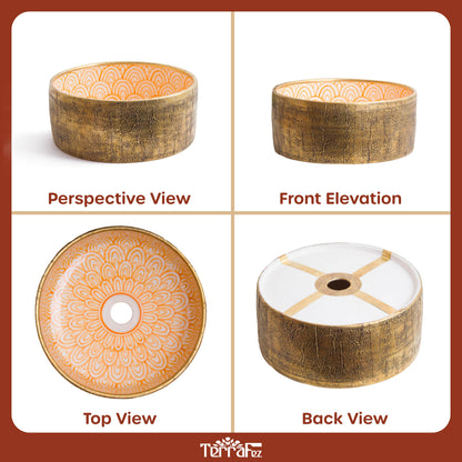 Comprehensive four-panel product photography showing perspective, front elevation, top view, and back view of ceramic vessel sink