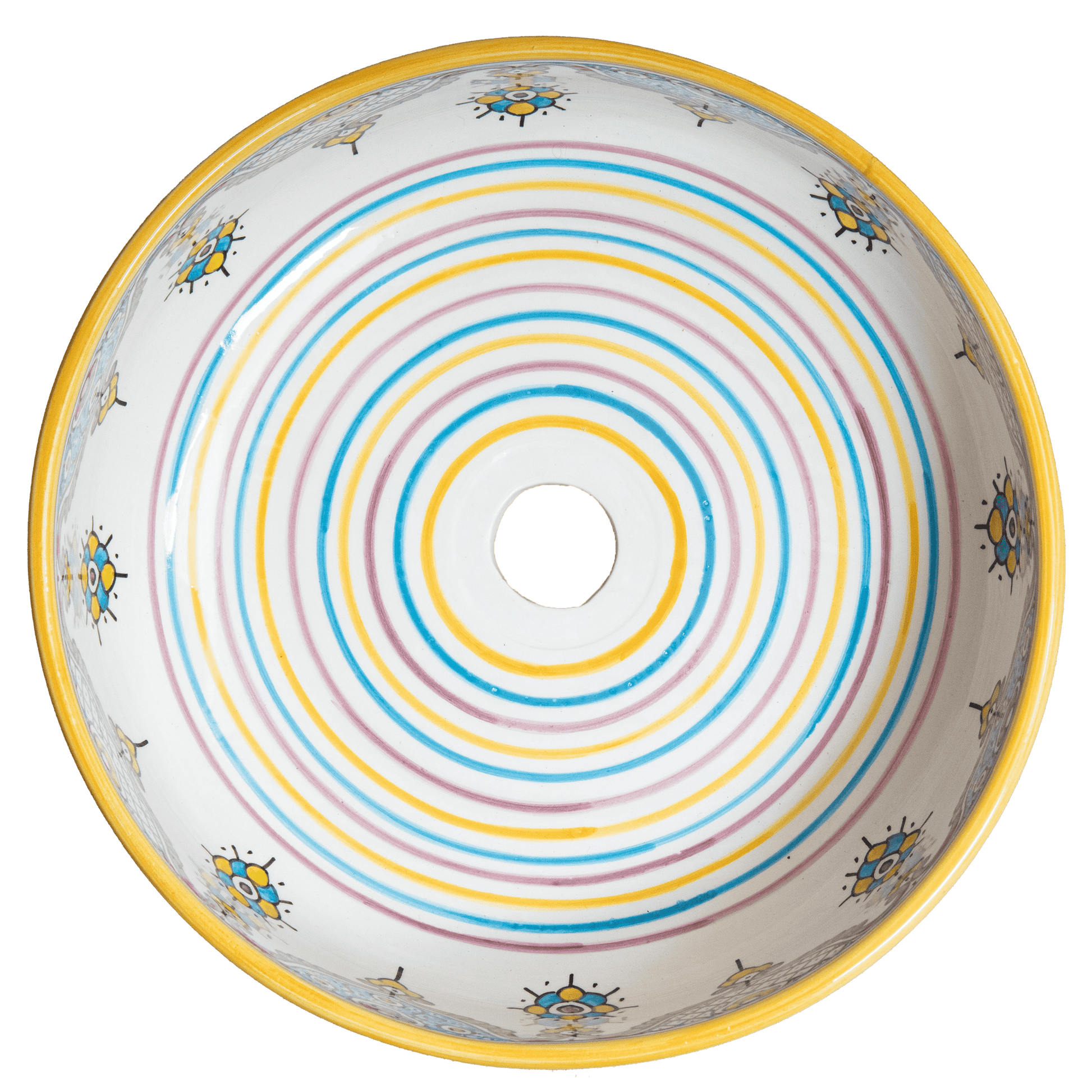 Top view of Handcrafted Moroccan sink interior featuring concentric stripes and traditional star motifs
