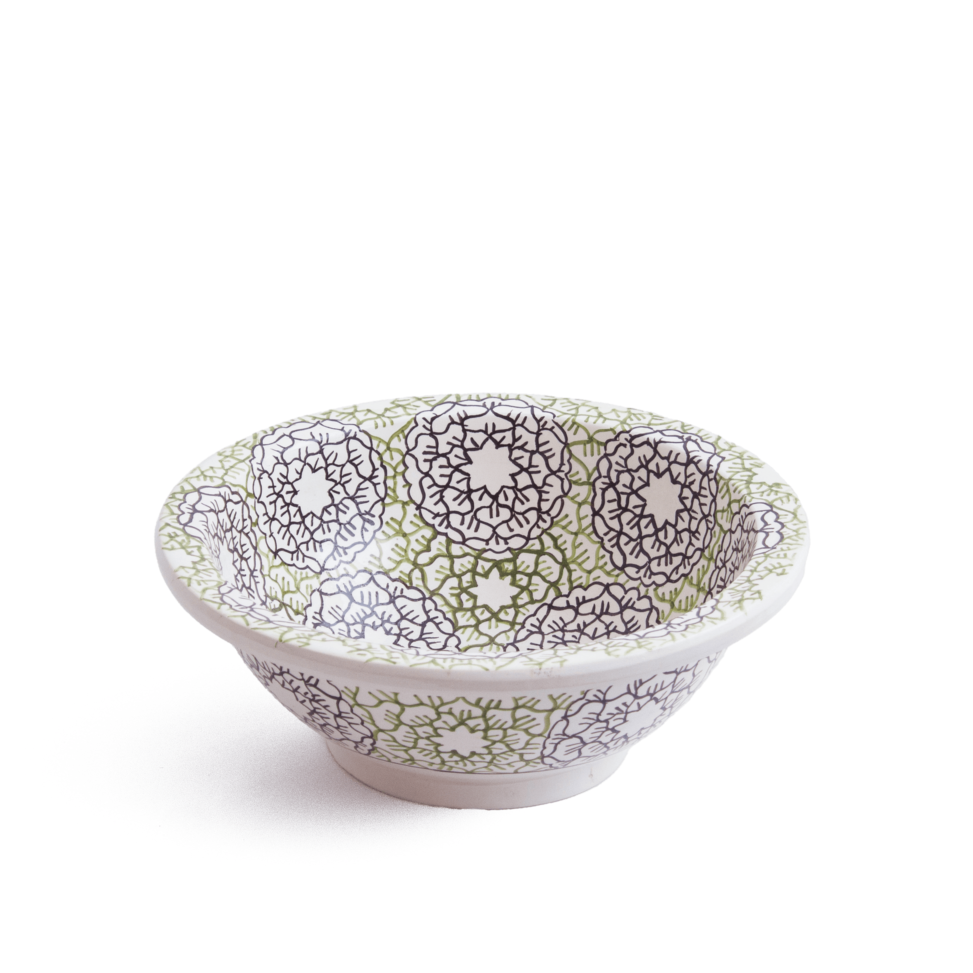 Angled perspective of Moroccan ceramic basin showcasing three-dimensional form and pattern distribution