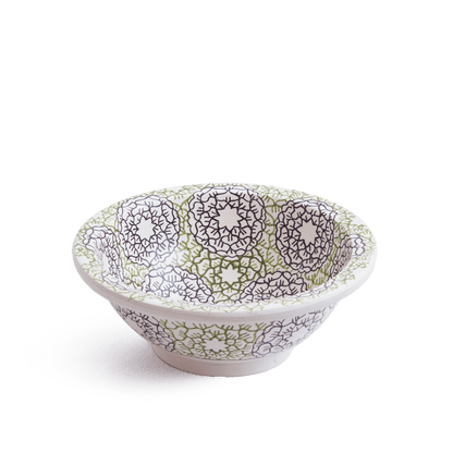 Angled perspective of Moroccan ceramic basin showcasing three-dimensional form and pattern distribution