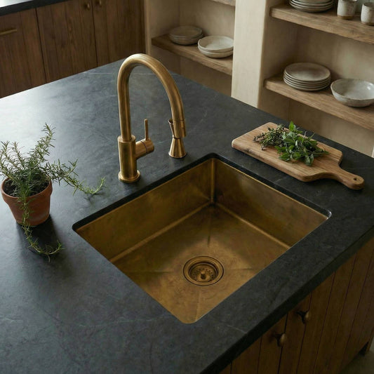 antique patina unlacquered brass sink and faucet on a dark countertop with herbs and a cutting board.