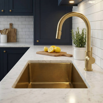 Modern kitchen with patinated brass sink and faucet, white tiles, and dark cabinets.