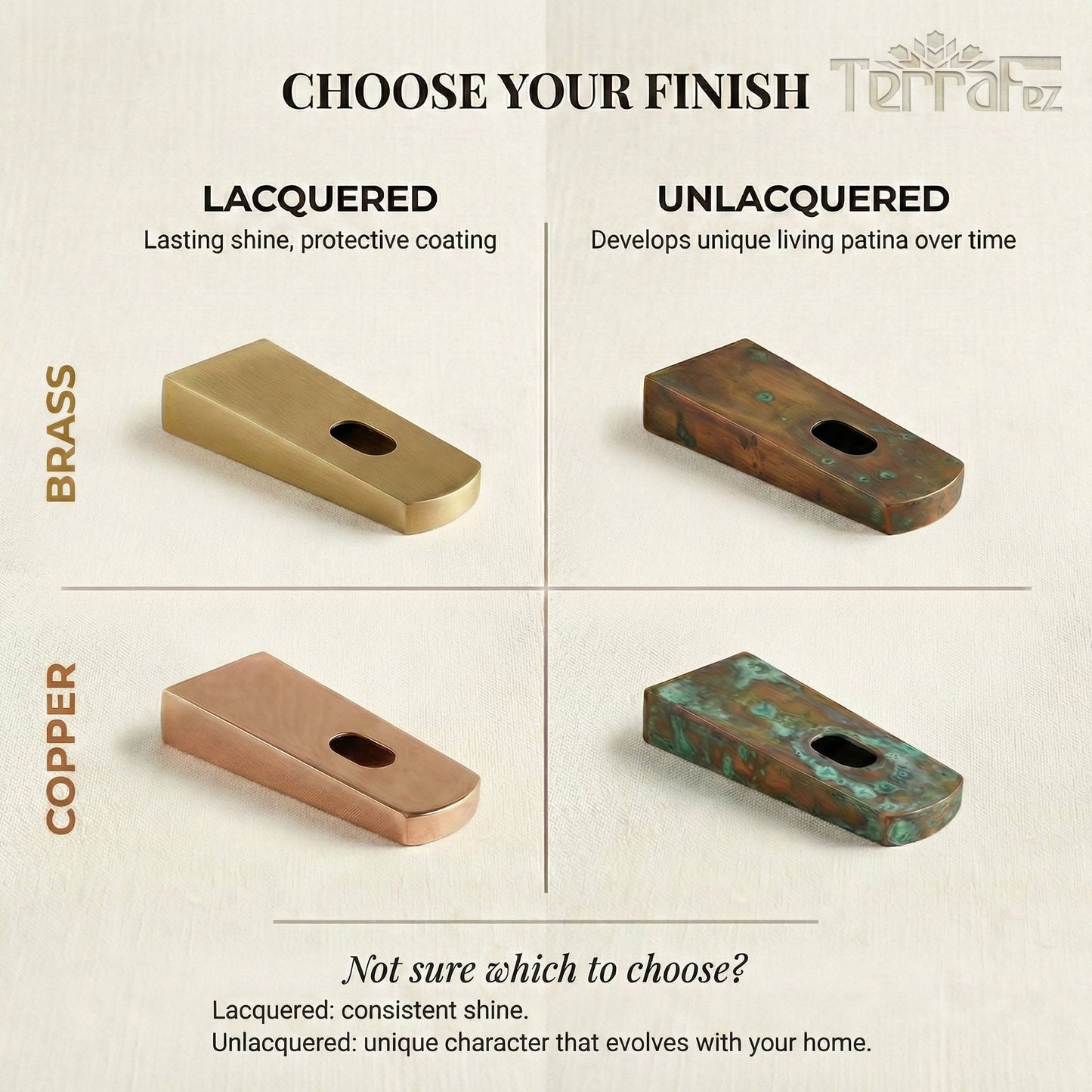 Four finish options for handmade sink bracket comparing lacquered and unlacquered in brass and copper with patina examples