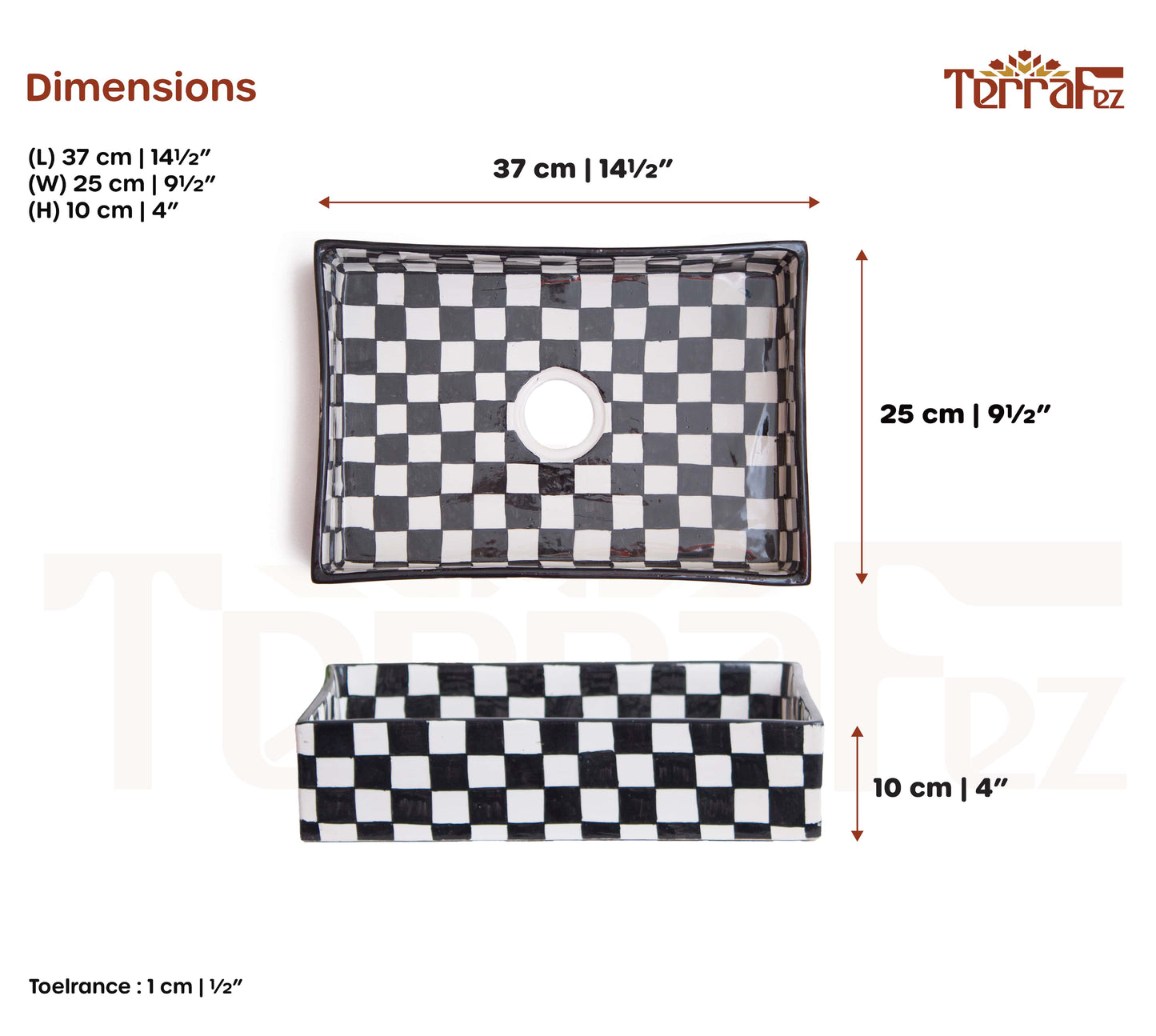 Technical specifications displaying rectangular vessel sink measurements and checkerboard pattern details