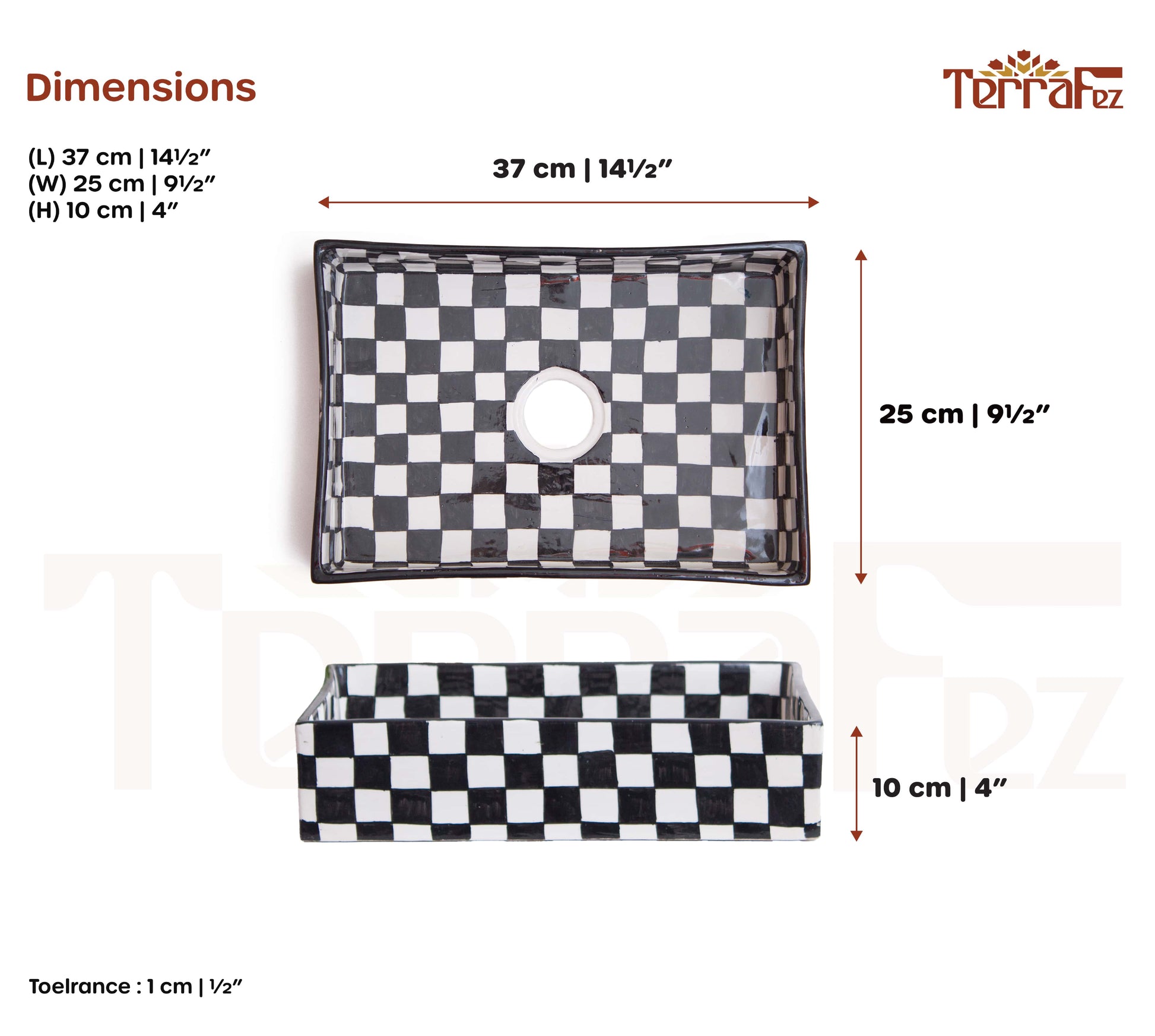 Technical specifications displaying rectangular vessel sink measurements and checkerboard pattern details