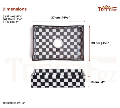 Technical specifications displaying rectangular vessel sink measurements and checkerboard pattern details