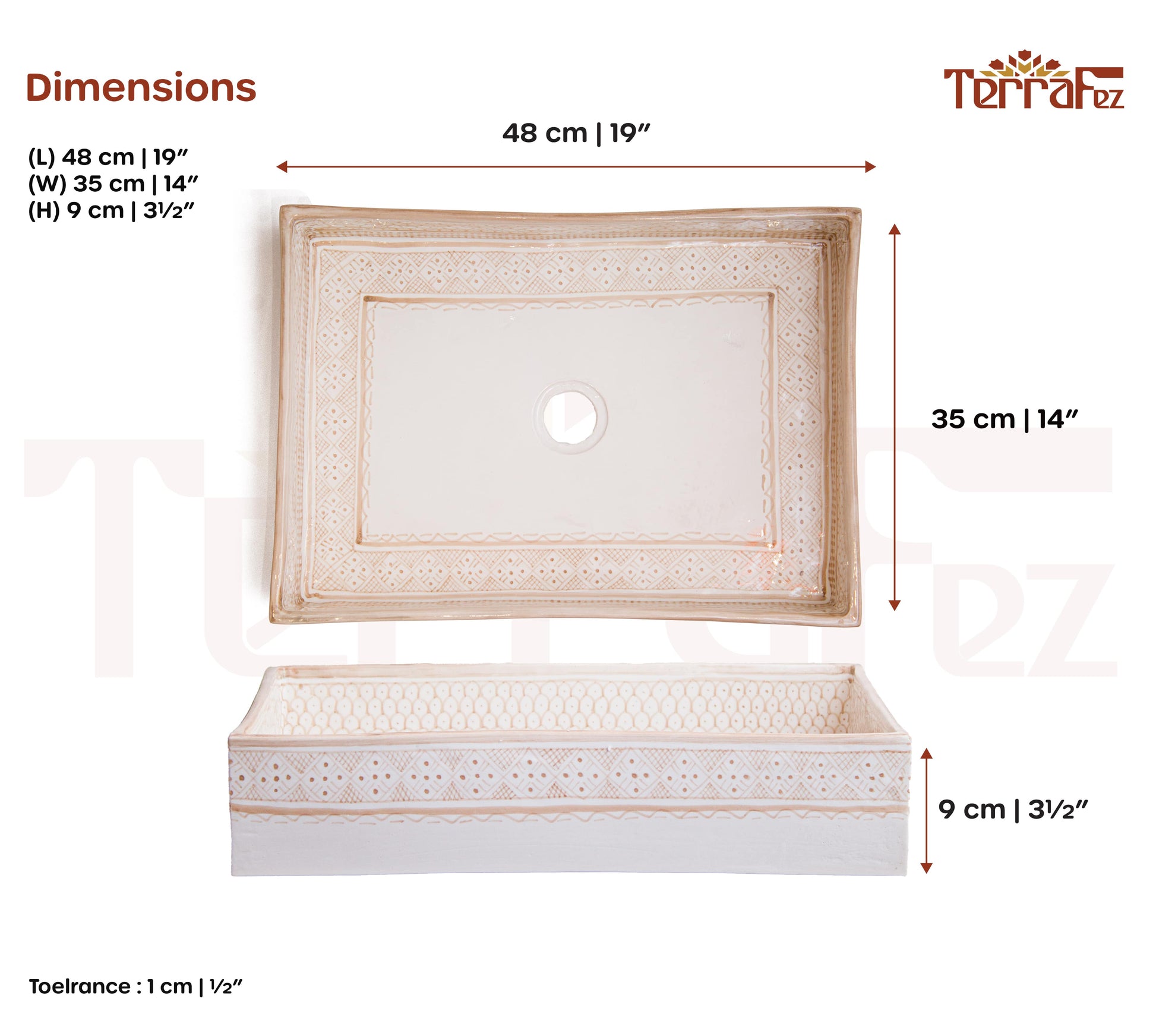 Technical specifications displaying rectangular vessel sink measurements and beige geometric pattern details