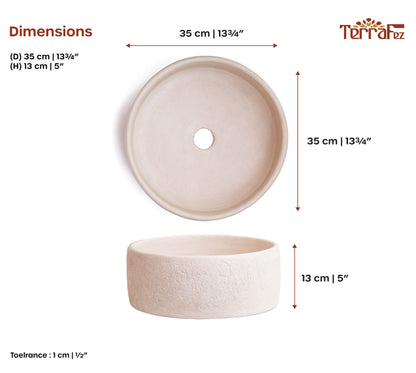 Technical specification sheet displaying dimensions and measurements of handcrafted ceramic vessel sink