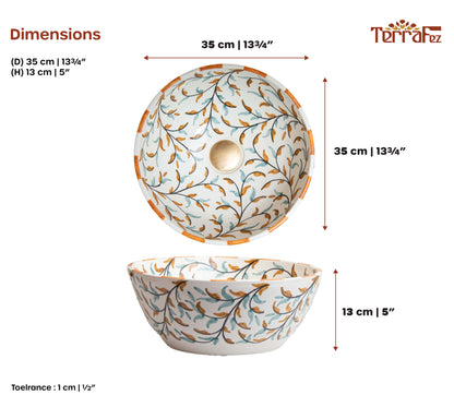 Technical dimensions diagram showing top and side view measurements of ceramic vessel sink with olive pattern and 30cm diameter specifications