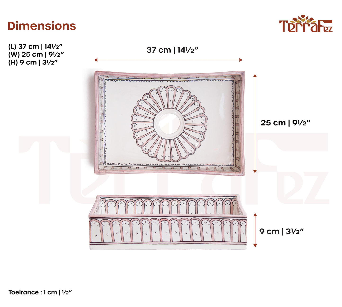 Technical specification sheet displaying dimensions and measurements of handcrafted rectangular Moroccan ceramic bathroom sink with pink arch motifs