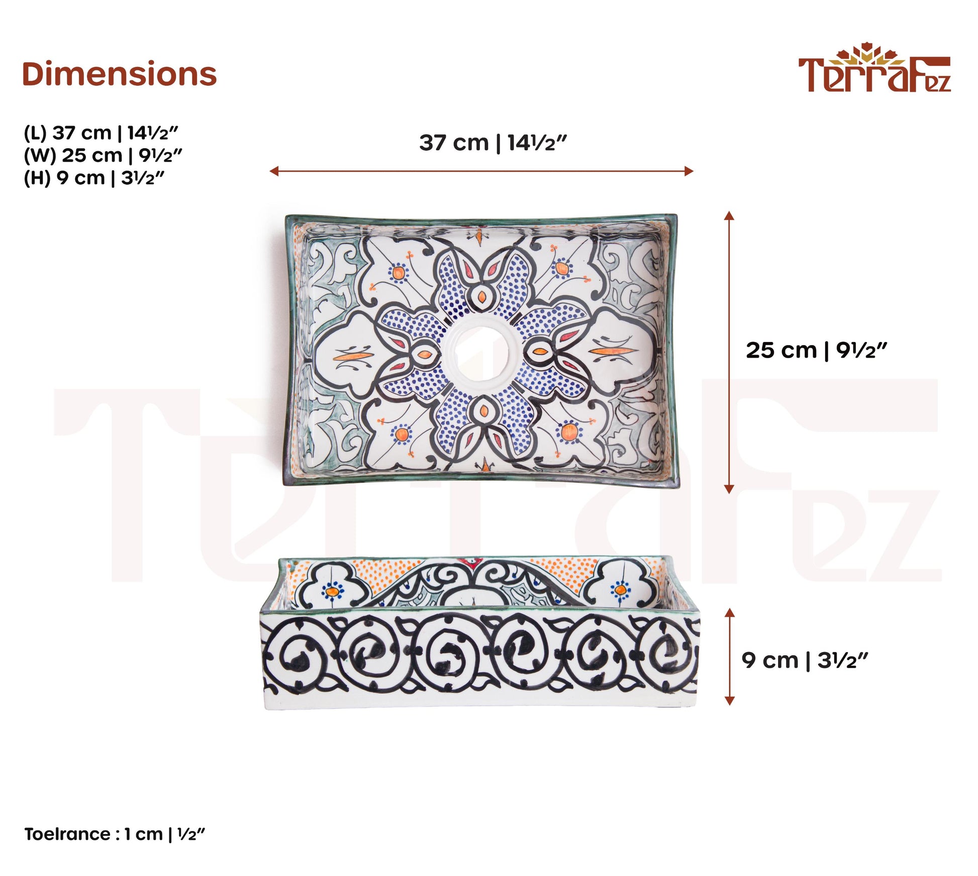 Technical specification sheet displaying dimensions and measurements of handcrafted Moroccan ceramic bathroom sink with blue geometric medallion patterns