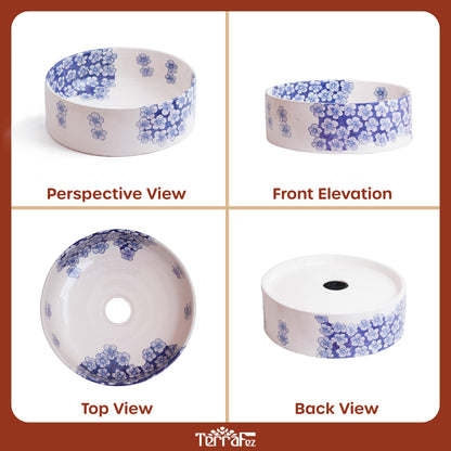 Handcrafted ceramic vessel sink with blue floral meadow pattern shown in four different angles - perspective view, front elevation, top view, and back view