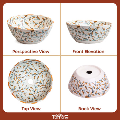 Handcrafted ceramic vessel sink with painted olive branch motif shown in four different angles - perspective, front elevation, top view, and back view