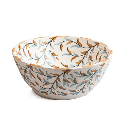 Three-quarter perspective view of ceramic vessel sink with olive branch design on white background showing complete bowl shape