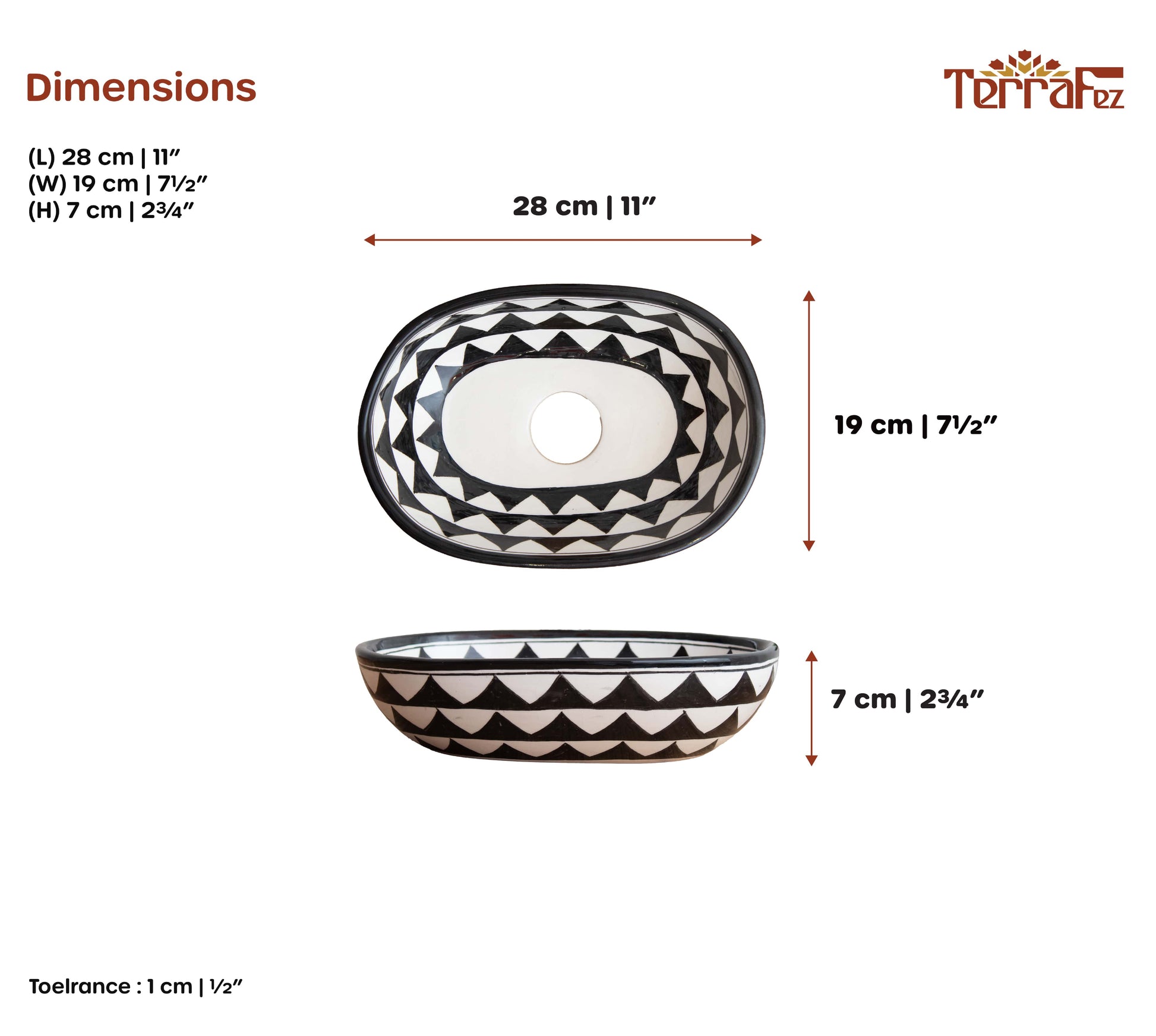 Technical dimensions diagram showing top and side view measurements of compact oval ceramic vessel sink with 28cm length and geometric pattern specifications