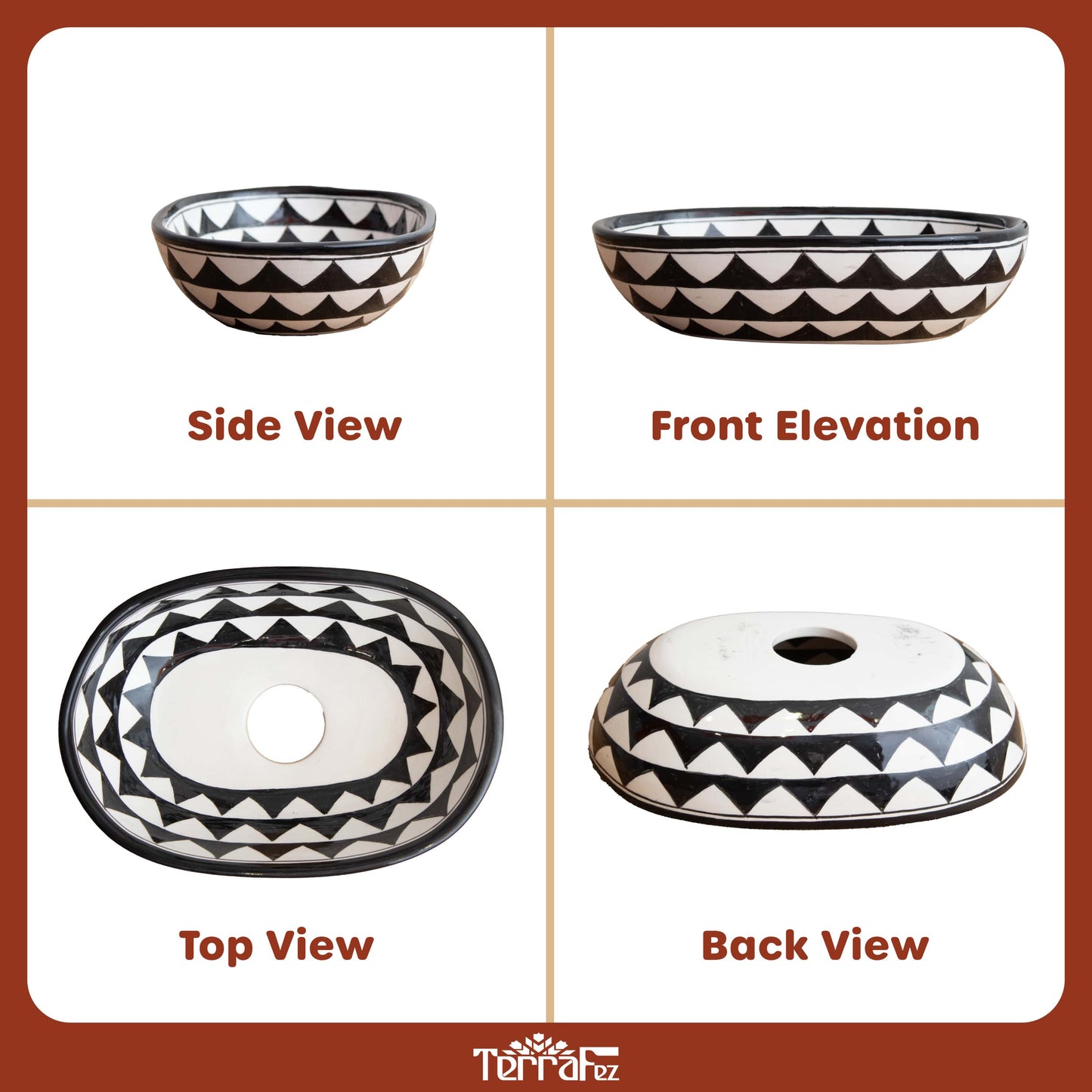Handcrafted tiny oval ceramic vessel sink with black and white geometric triangle pattern shown in four different angles - side view, front elevation, top view, and back view
