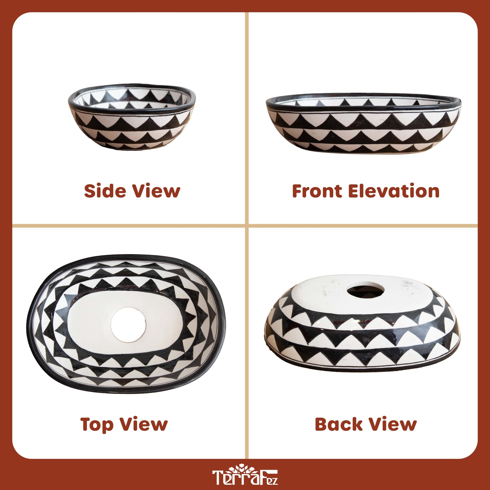Handcrafted tiny oval ceramic vessel sink with black and white geometric triangle pattern shown in four different angles - side view, front elevation, top view, and back view