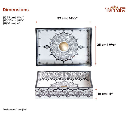 Detailed dimensions diagram of rectangular Moroccan ceramic vessel sink with black and white geometric patterns and central gold medallion, measuring 37x25x10 cm