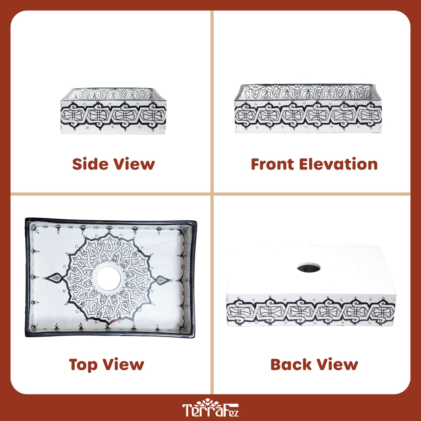 Four-view composite image showing side, front, top and back perspectives of the handcrafted Moroccan ceramic vessel sink with black and white patterns