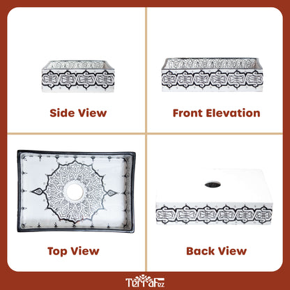 Four-view composite image showing side, front, top and back perspectives of the handcrafted Moroccan ceramic vessel sink with black and white patterns
