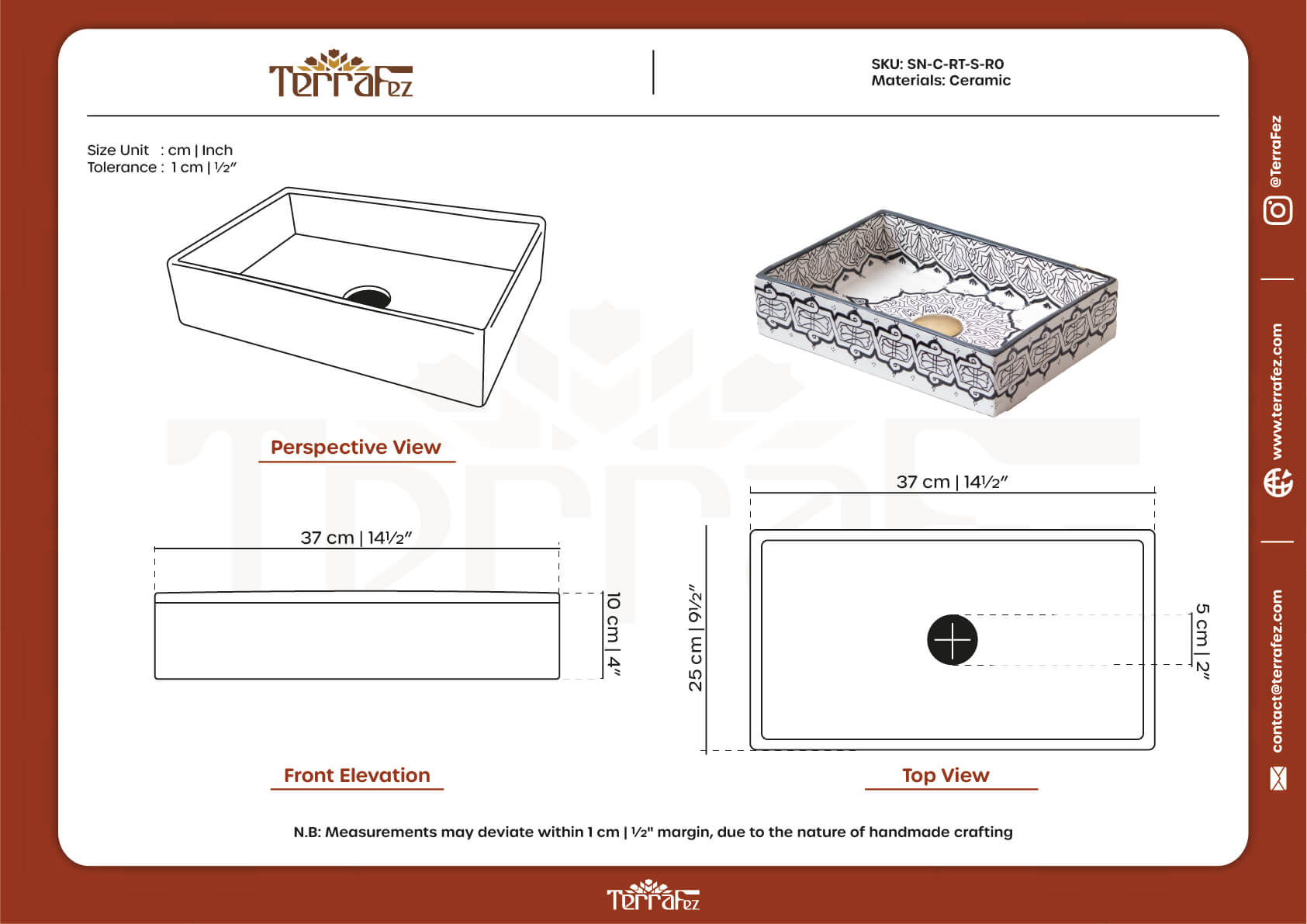 Technical specification diagram showing front elevation, top view and perspective view of the Moroccan ceramic sink with precise measurements and dimensions