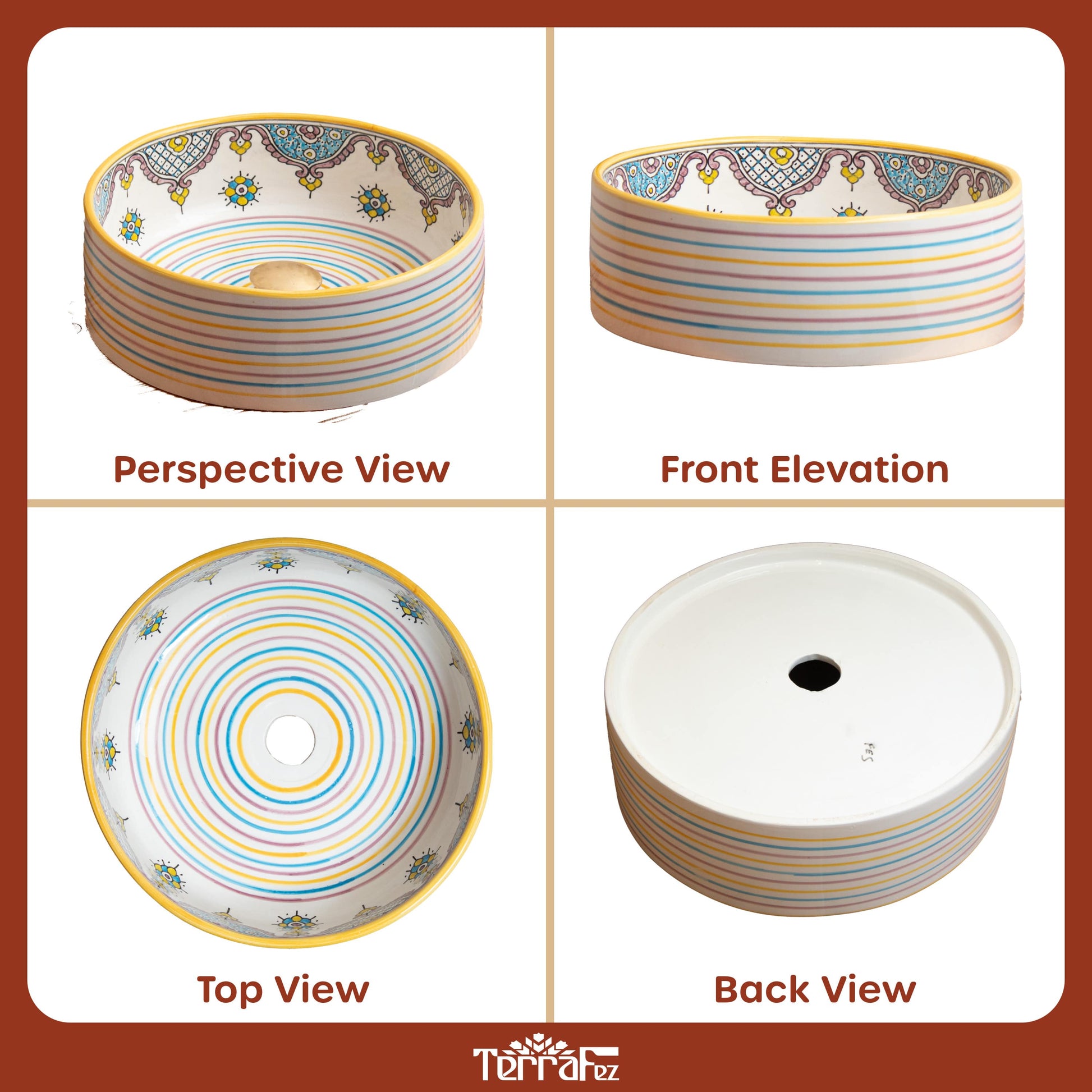 different views of Moroccan ceramic vessel sink with rainbow geometric patterns and colorful striped exterior design