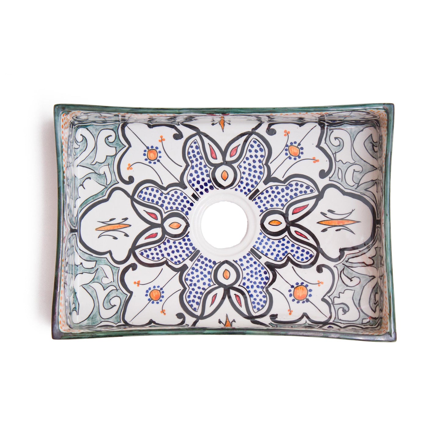 Top-down view revealing complete interior geometric medallion pattern design of rectangular ceramic bathroom sink with centered drain opening