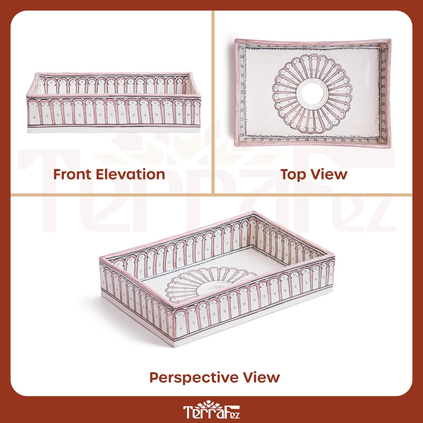 Three-panel technical diagram displaying front elevation, top view, and perspective view of handcrafted Moroccan ceramic vessel sink with arch patterns