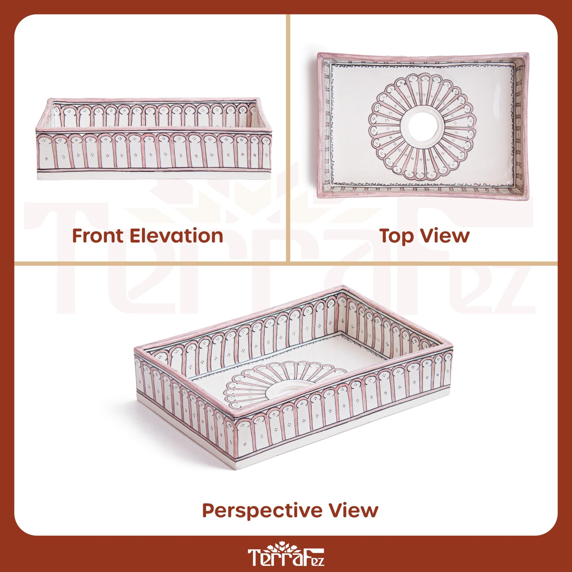 Three-panel technical diagram displaying front elevation, top view, and perspective view of handcrafted Moroccan ceramic vessel sink with arch patterns