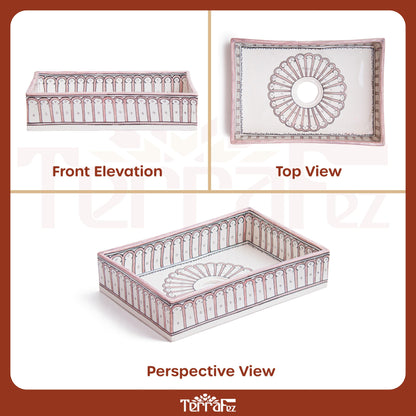 Three-panel technical diagram displaying front elevation, top view, and perspective view of handcrafted Moroccan ceramic vessel sink with arch patterns