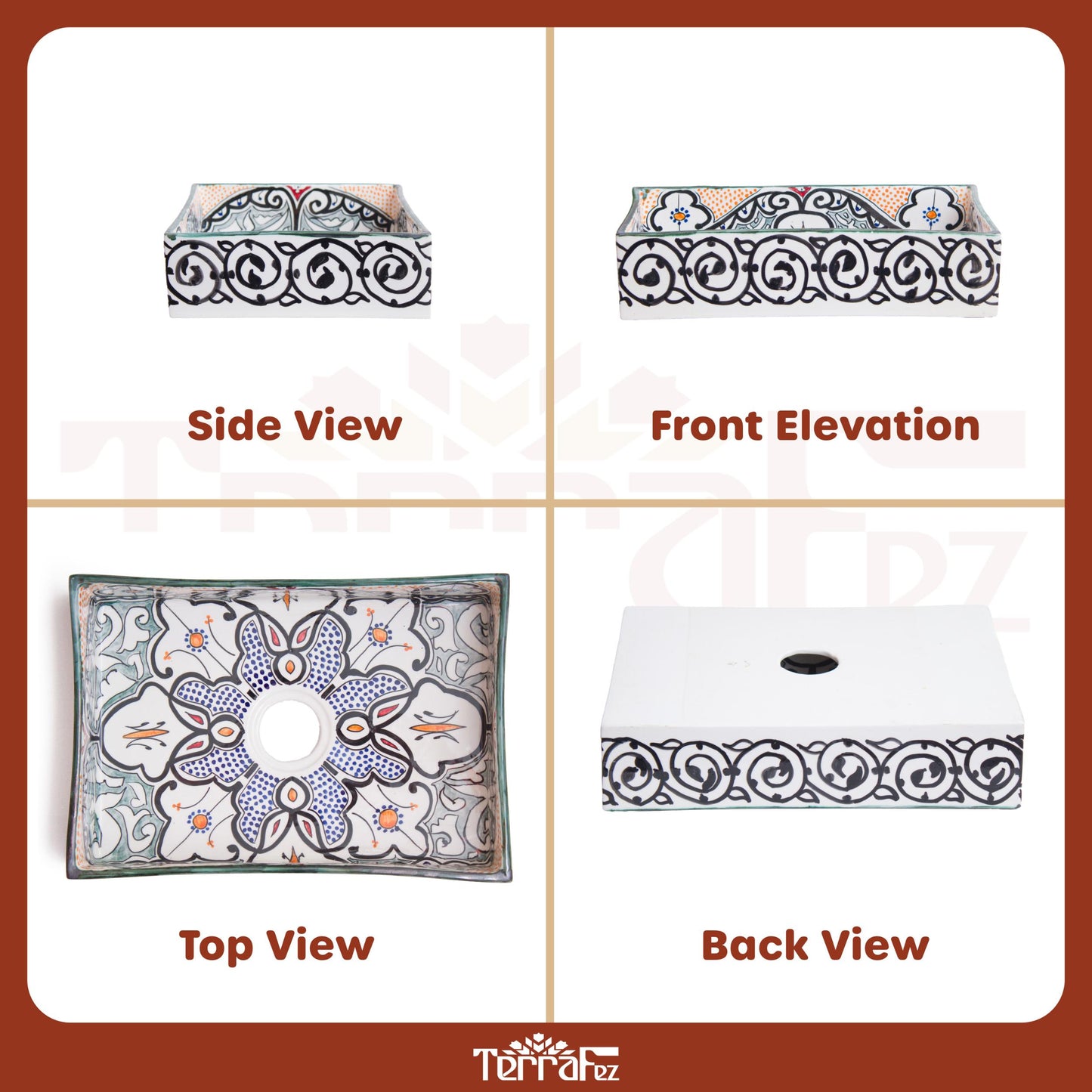 Four-panel technical diagram displaying side view, front elevation, top view, and back view of handcrafted Moroccan ceramic vessel sink