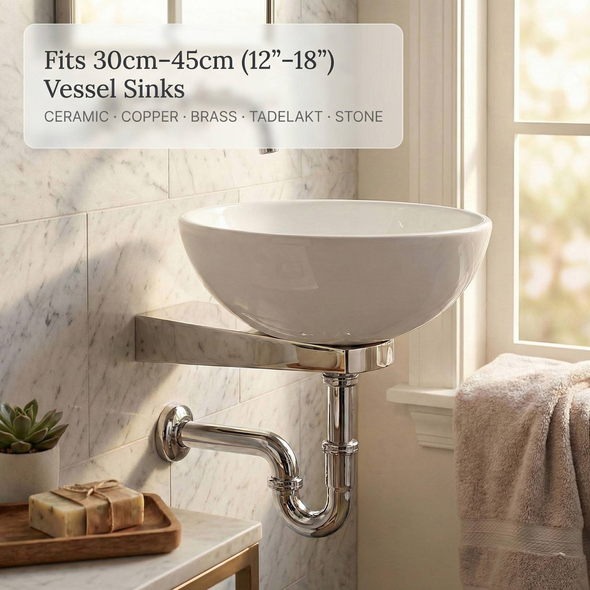 Nickel-plated wall-mounted sink bracket holding white ceramic vessel sink in marble-tiled bathroom, fits 30-45cm sinks