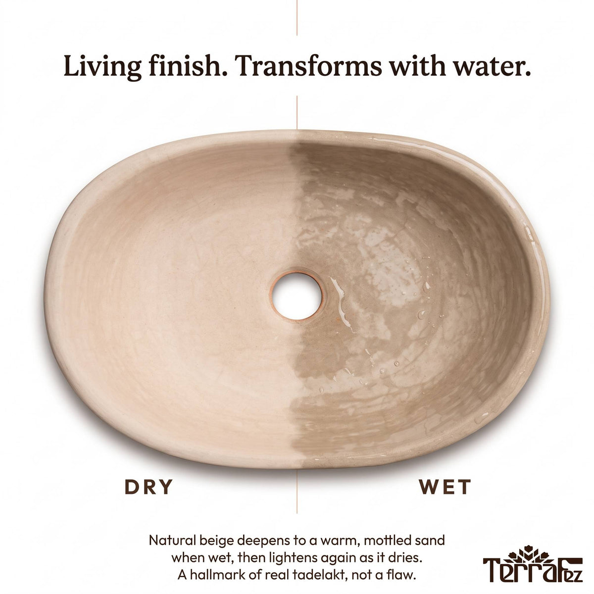 Top view of the beige tadelakt sink, half dry and half wet, showing how the beige deepens to a mottled sand when wet and lightens again as it dries